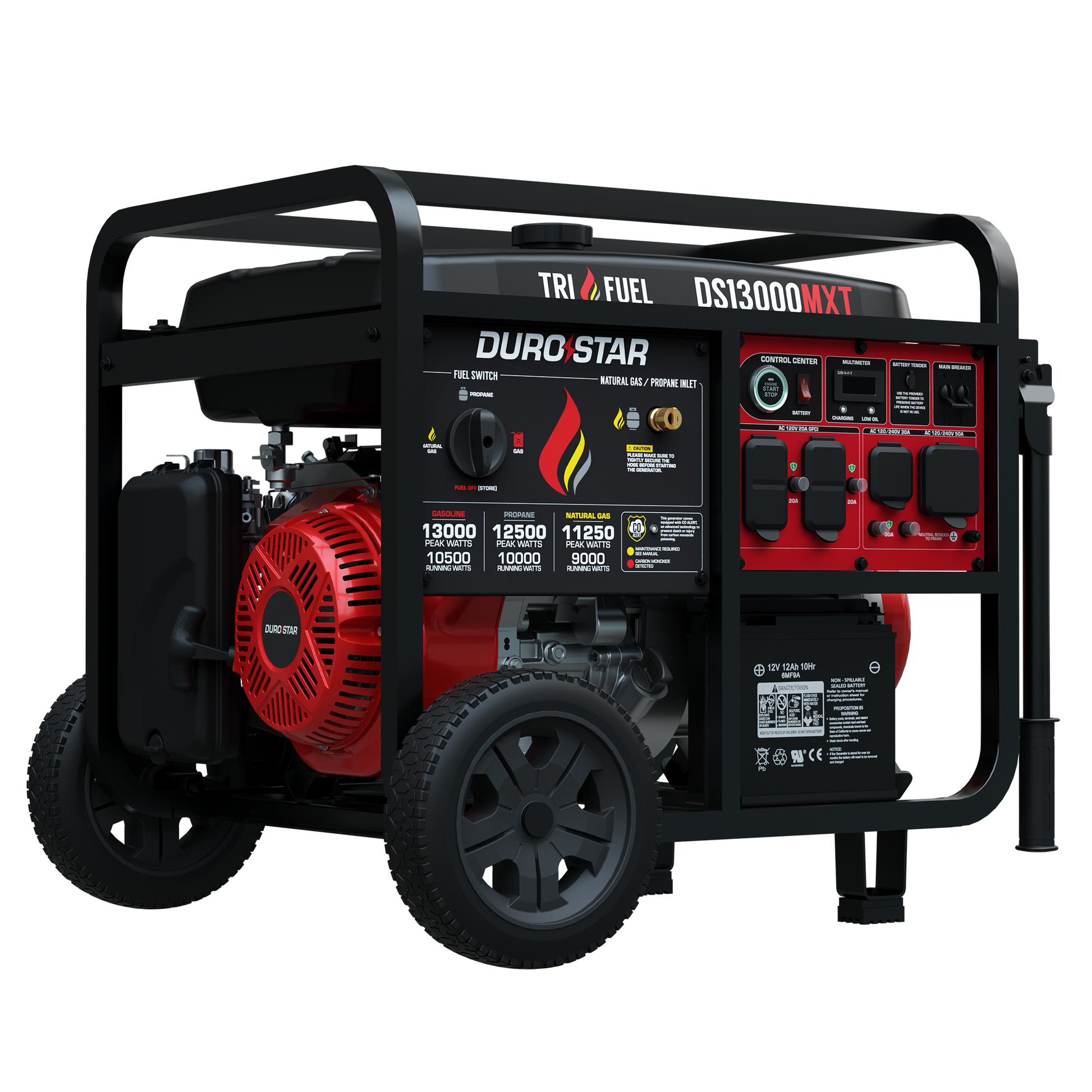 DuroStar DS13000MXT 13,000W/10,500W 500cc Electric Start Tri Fuel Portable Generator w/ CO Alert