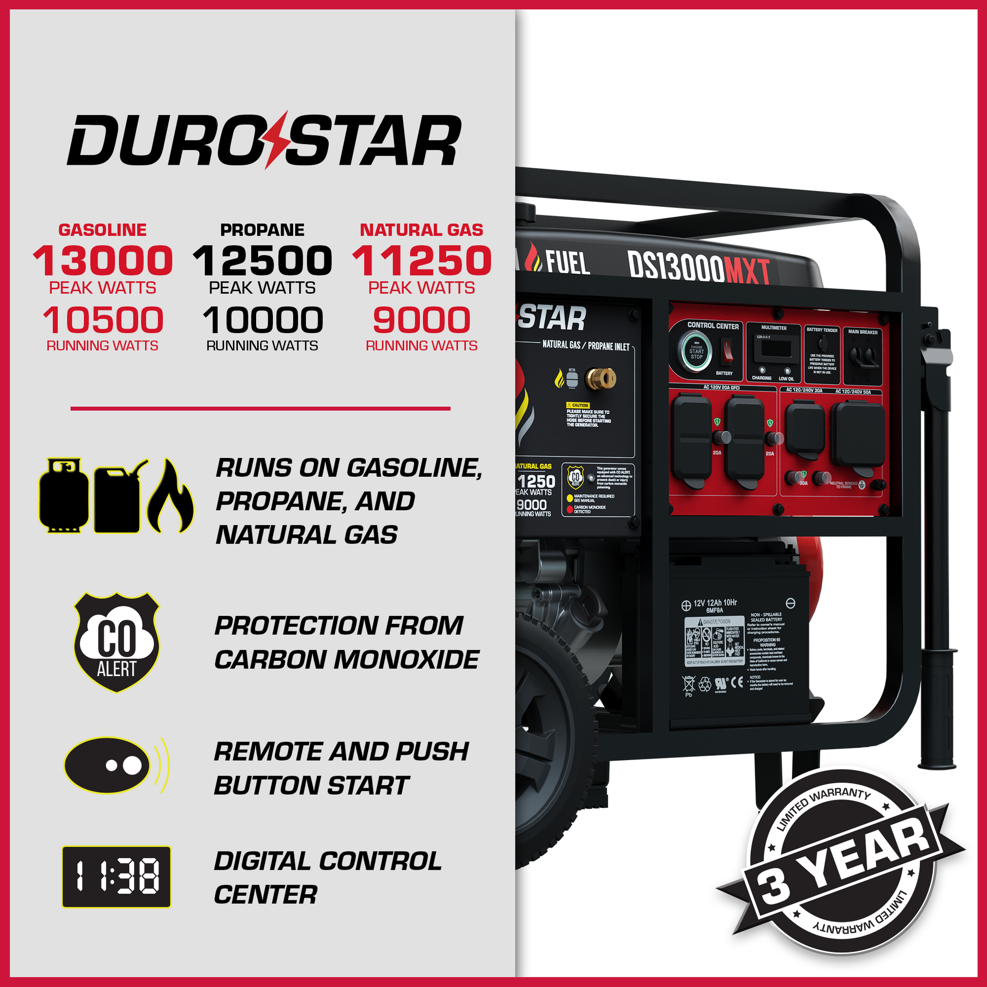 DuroStar DS13000MXT 13,000W/10,500W 500cc Electric Start Tri Fuel Portable Generator w/ CO Alert
