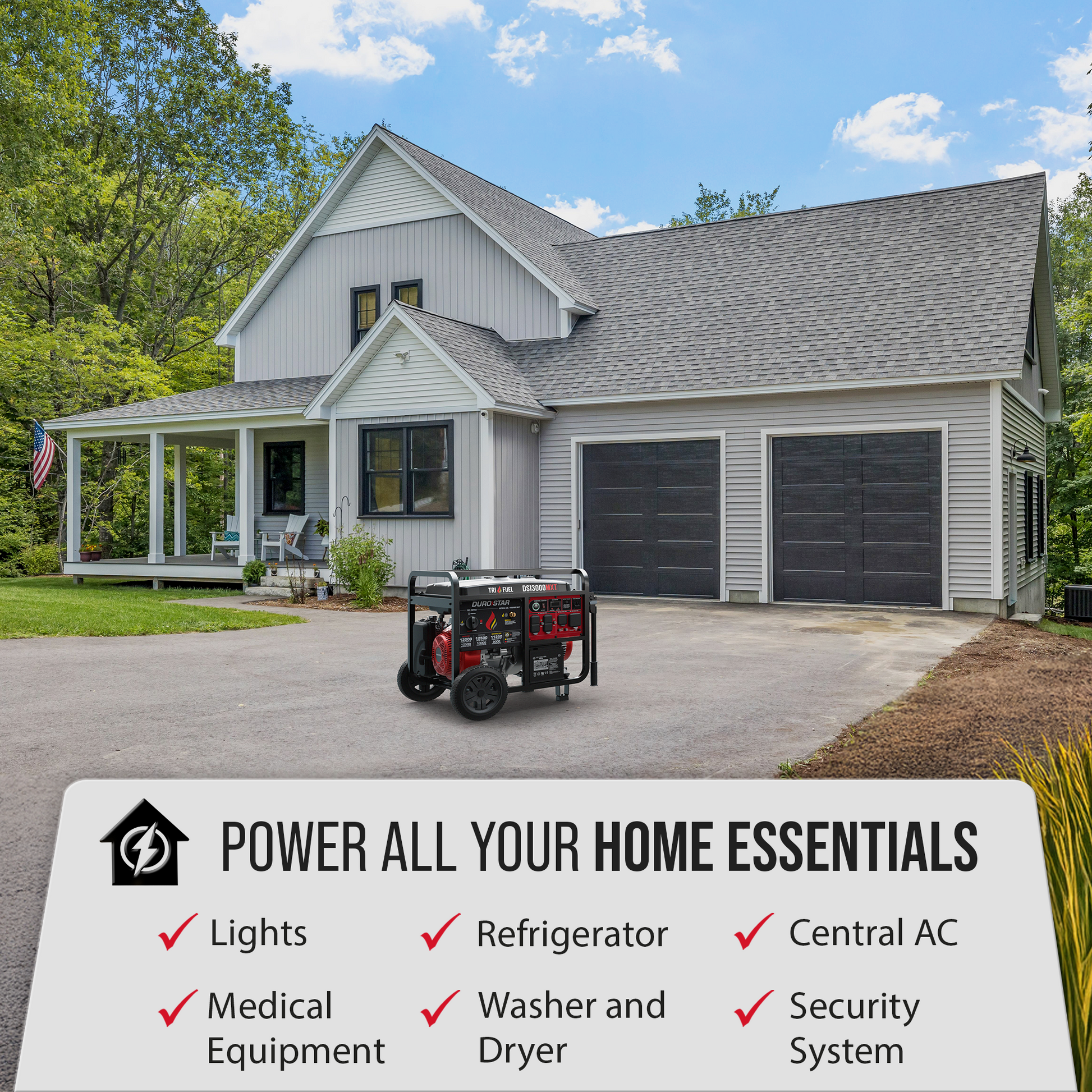 DuroStar DS13000MXT 13,000W/10,500W 500cc Electric Start Tri Fuel Portable Generator w/ CO Alert