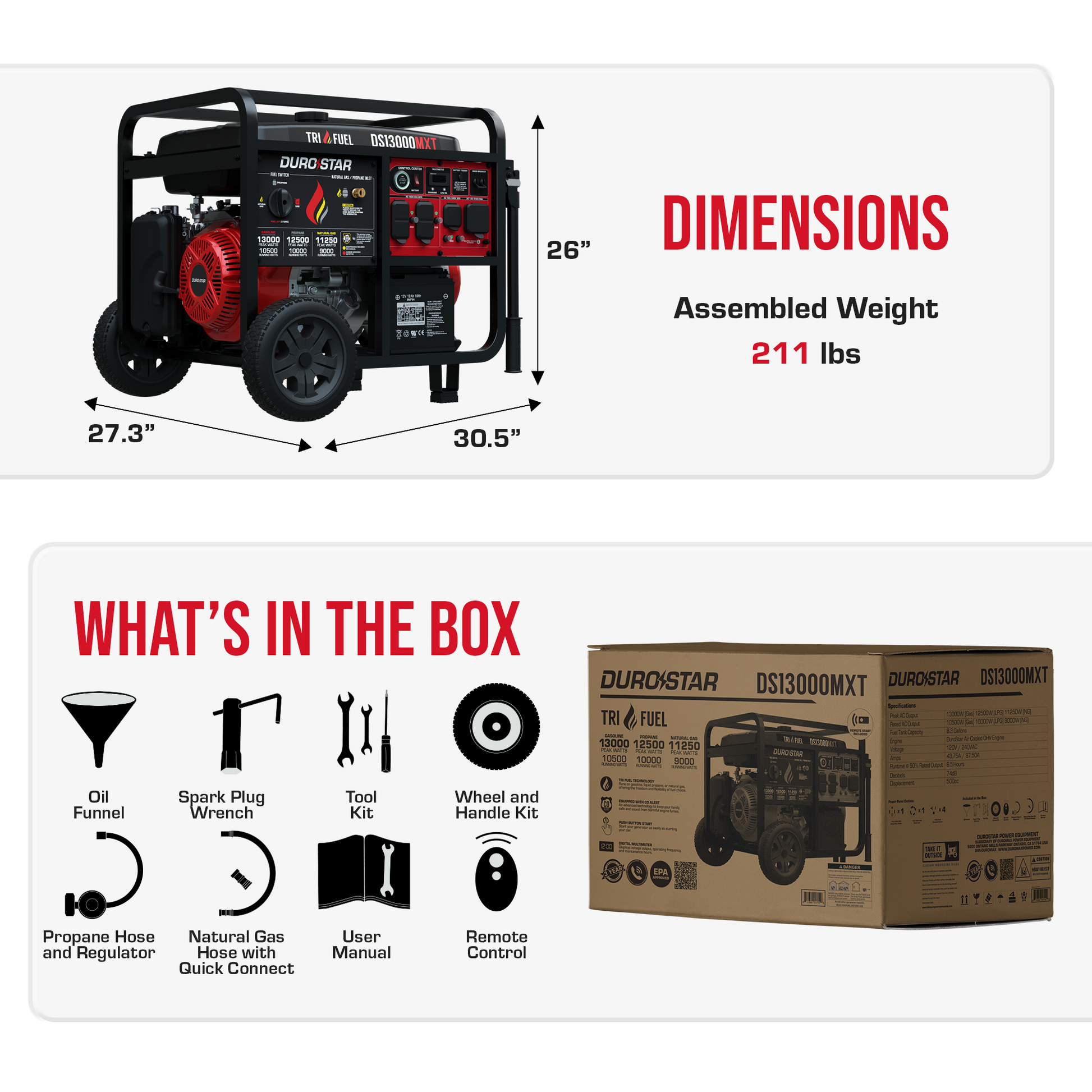 DuroStar DS13000MXT 13,000W/10,500W 500cc Electric Start Tri Fuel Portable Generator w/ CO Alert
