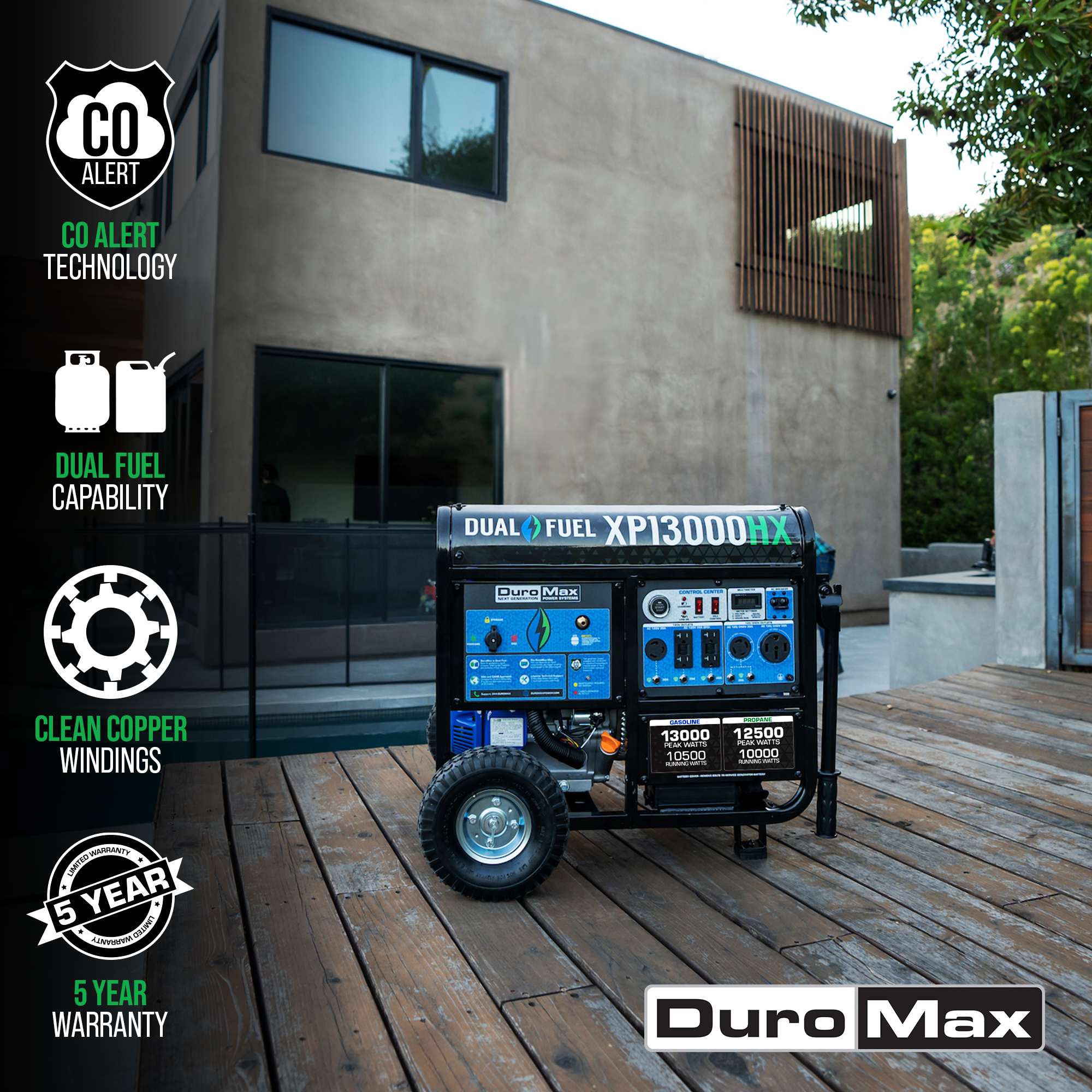 DuroMax XP13000HX 13,000 Watt Portable Dual Fuel Gas Propane CO Alert Generator