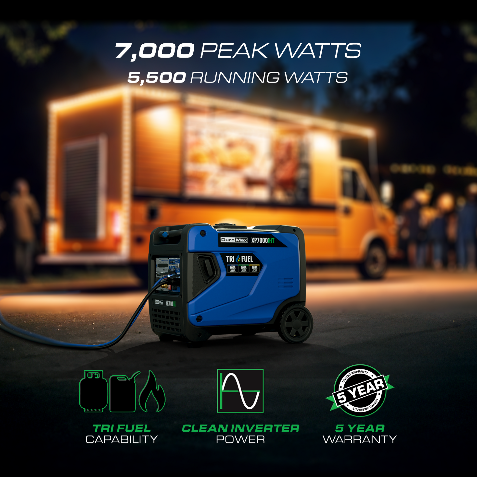 DuroMax XP7000iHT 7,000 Watt Portable Tri Fuel Inverter Generator - Quiet, Low THD