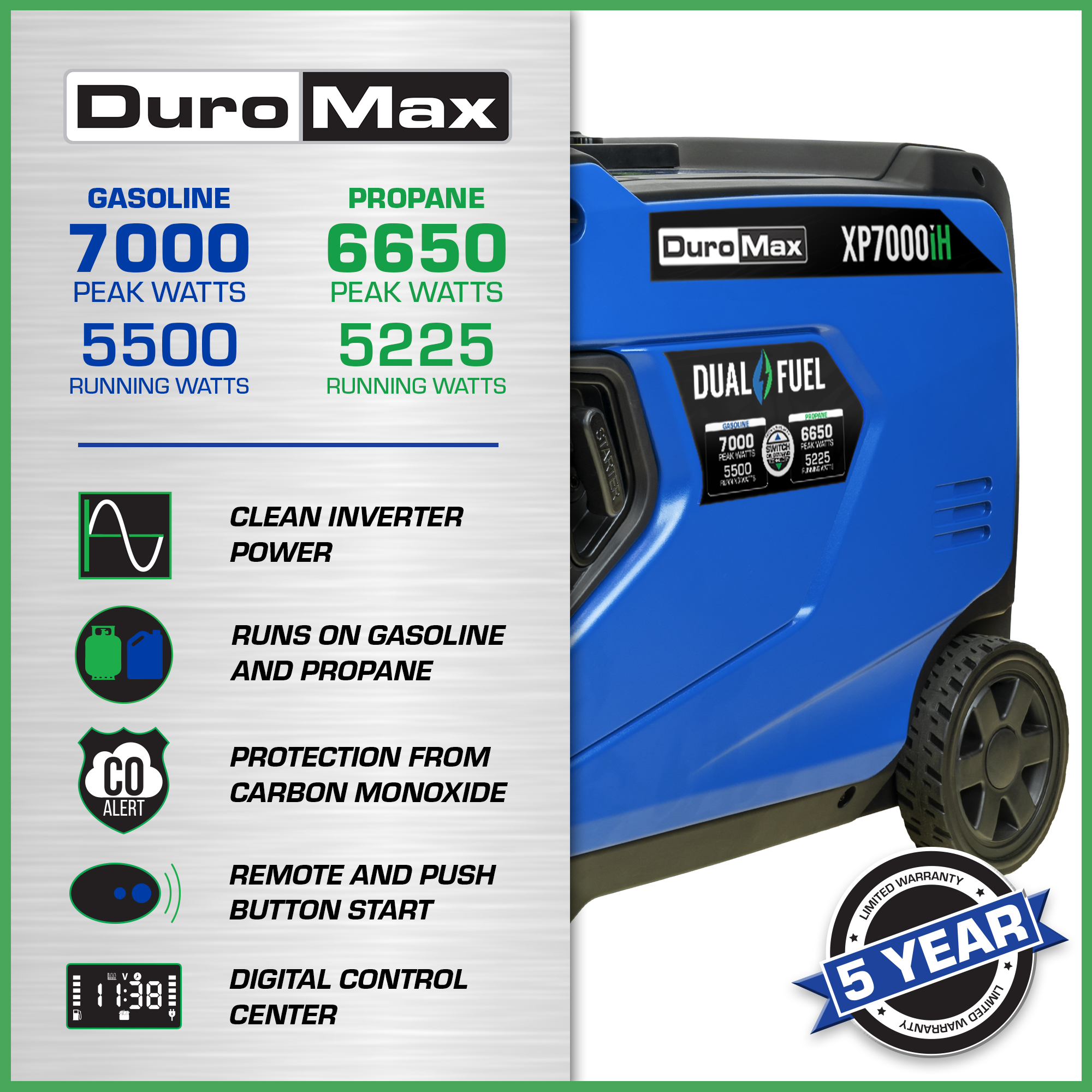 DuroMax XP7000iH 7,000 Watt Portable Dual Fuel Inverter Generator - Quiet, Low THD